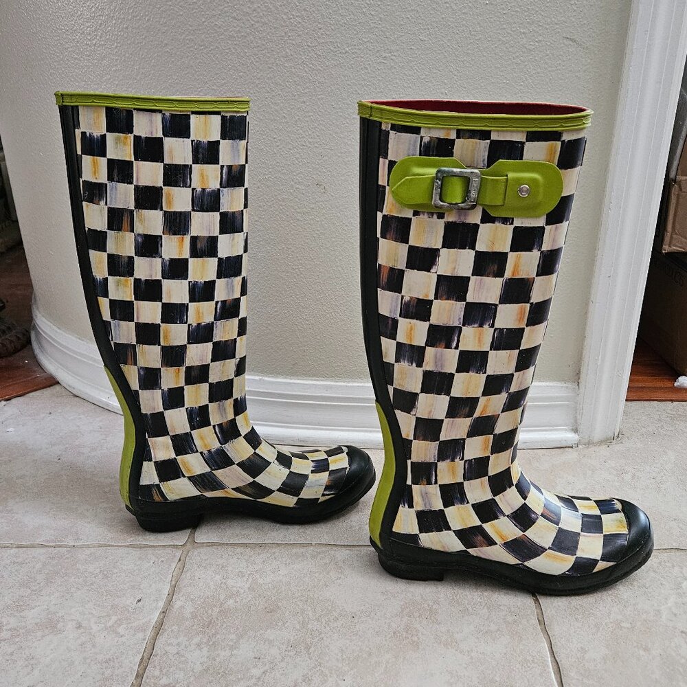 VERY RARE MACKENZIE CHILDS HUNTER COURTLY CHECK GREEN TALL RAIN BOOTS WELLIES 8